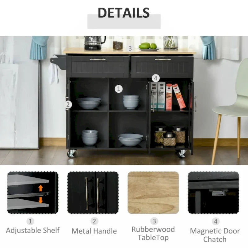 Desserte de cuisine avec plateau en bois, tiroirs de rangement, placards à 3 portes, étagères réglables et porte-serviettes, noir