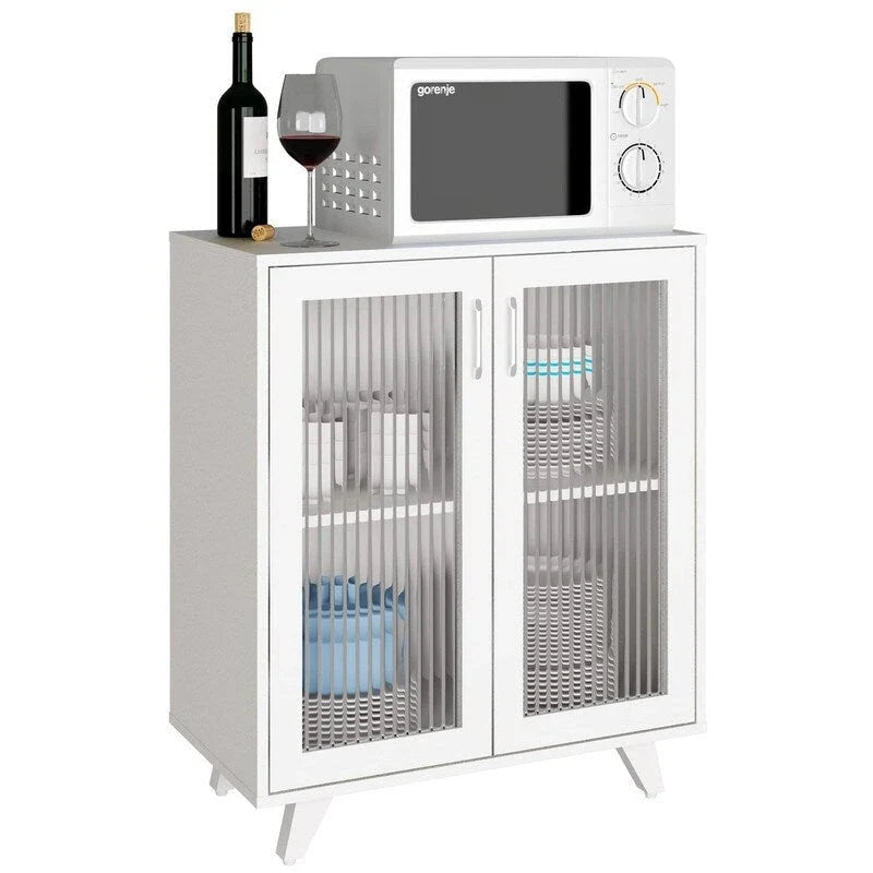 Armoire décorative blanche avec doubles portes en verre cannelé, buffet de rangement pour entrée