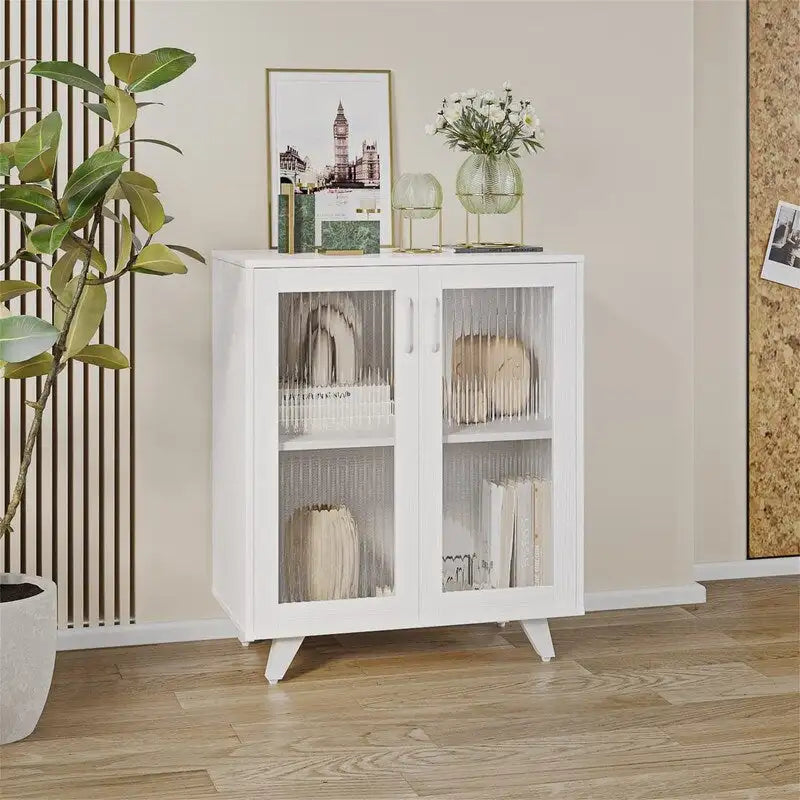White Accent Cabinet with Fluted Glass Double Doors, Sideboard Storage Cabinet for Entryway