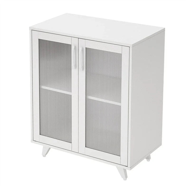 Armoire décorative blanche avec doubles portes en verre cannelé, buffet de rangement pour entrée