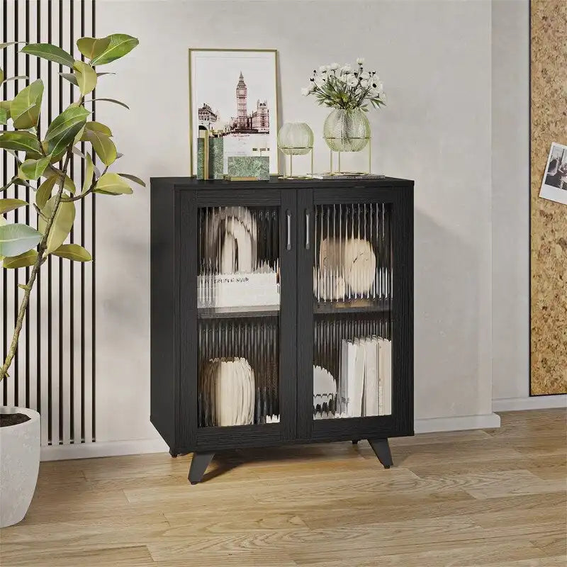Armoire décorative blanche avec doubles portes en verre cannelé, buffet de rangement pour entrée