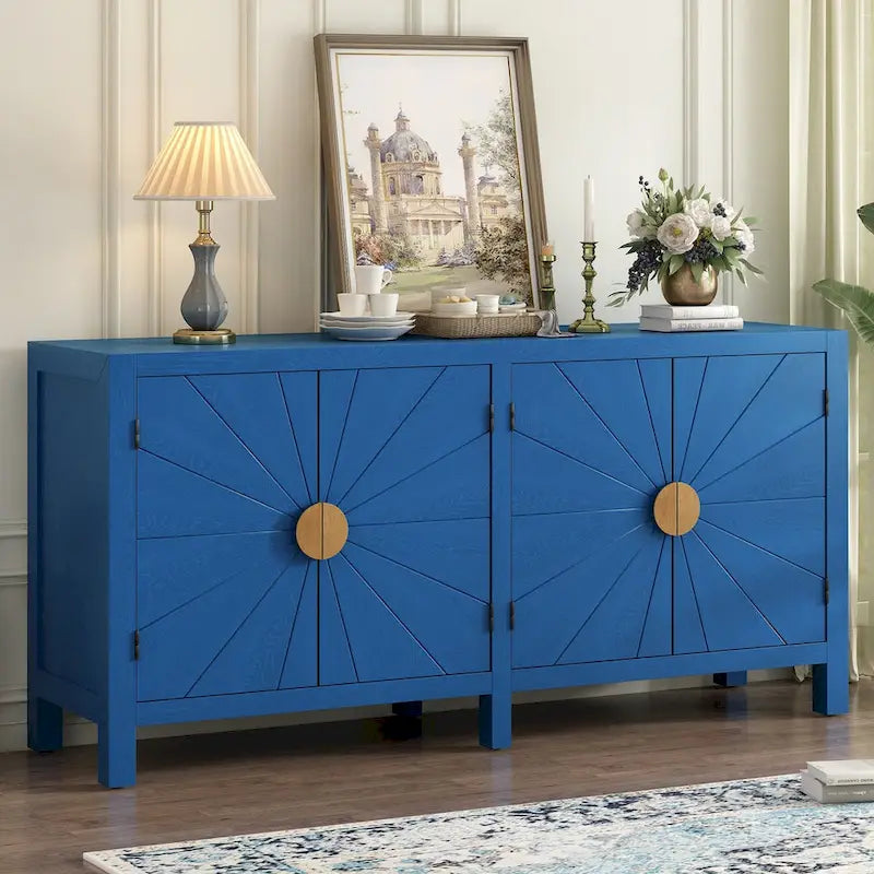 Caractéristiques uniques d’un meuble plaqué frêne avec portes à motif de lignes rayonnantes, idéal pour les salons et les couloirs