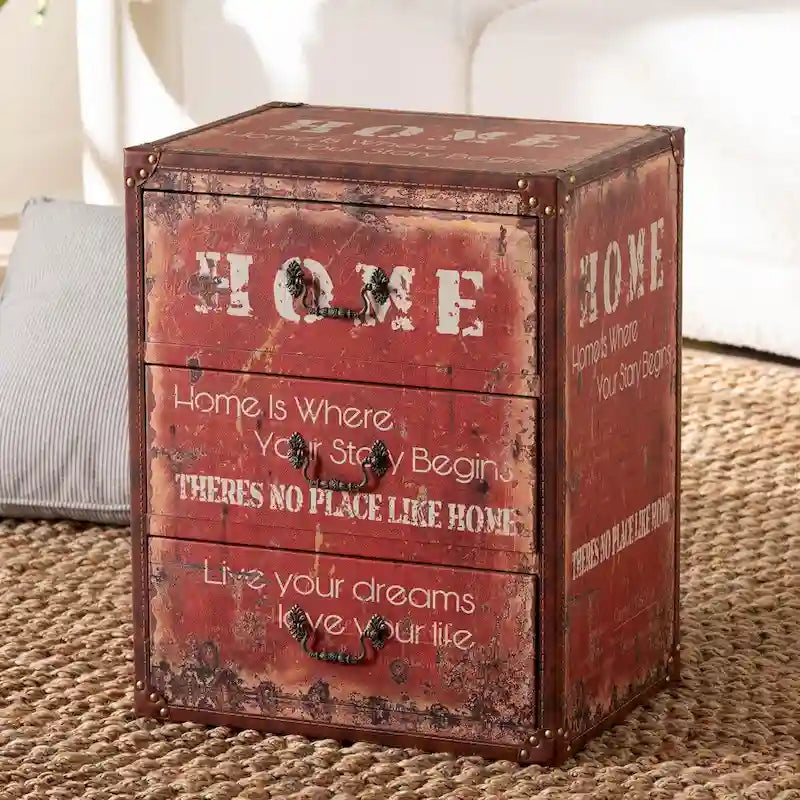 Lorand Vintage Faux Leather and Wood 3-Drawer Storage Trunk