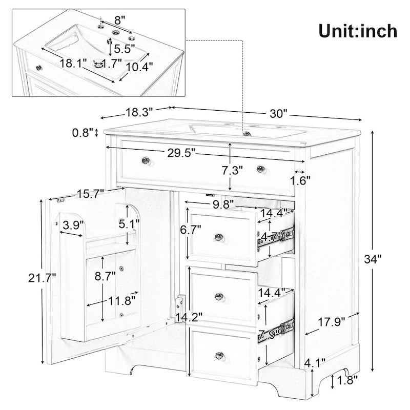 Mueble de baño con lavabo, puerta y dos cajones