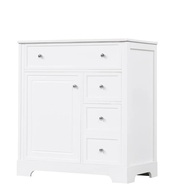 Mueble de baño con lavabo, puerta y dos cajones