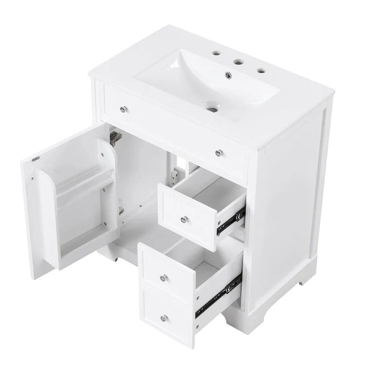Mueble de baño con lavabo, puerta y dos cajones