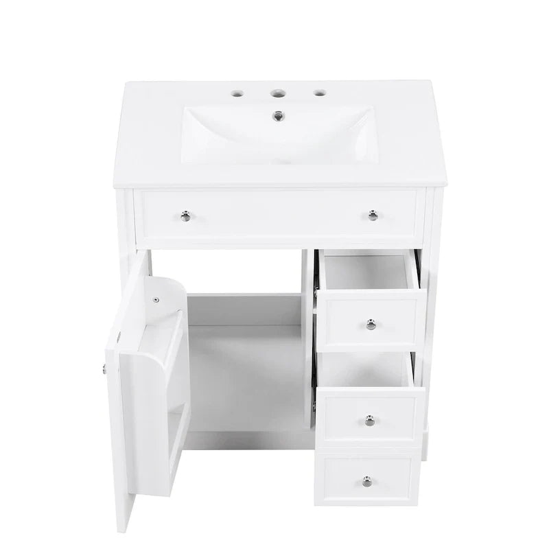 Mueble de baño con lavabo, puerta y dos cajones