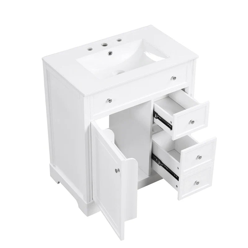 Mueble de baño con lavabo, puerta y dos cajones
