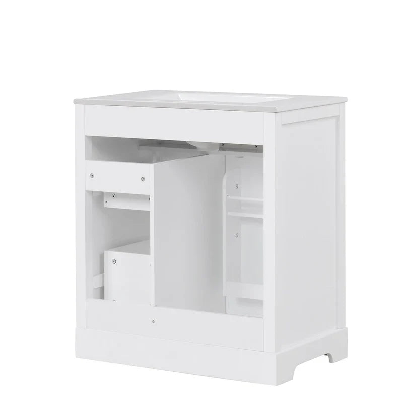 Mueble de baño con lavabo, puerta y dos cajones