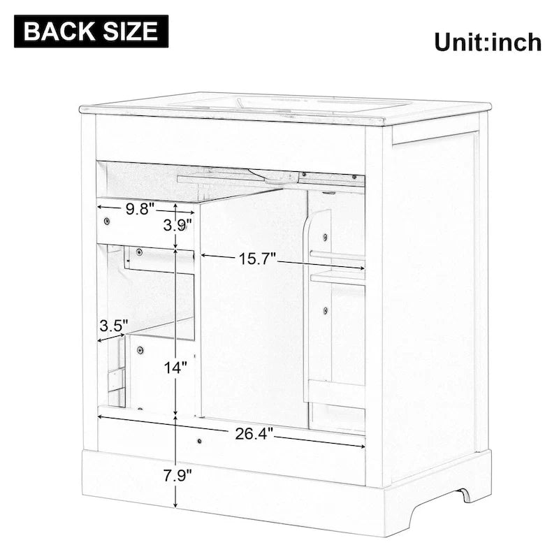 Mueble de baño con lavabo, puerta y dos cajones