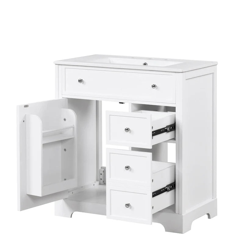 Mueble de baño con lavabo, puerta y dos cajones