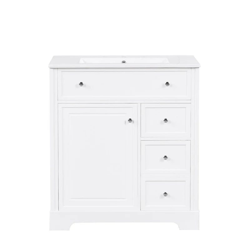 Mueble de baño con lavabo, puerta y dos cajones