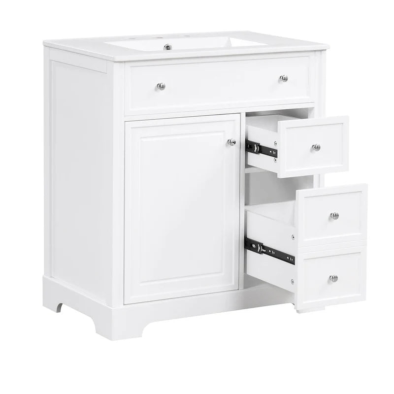 Mueble de baño con lavabo, puerta y dos cajones