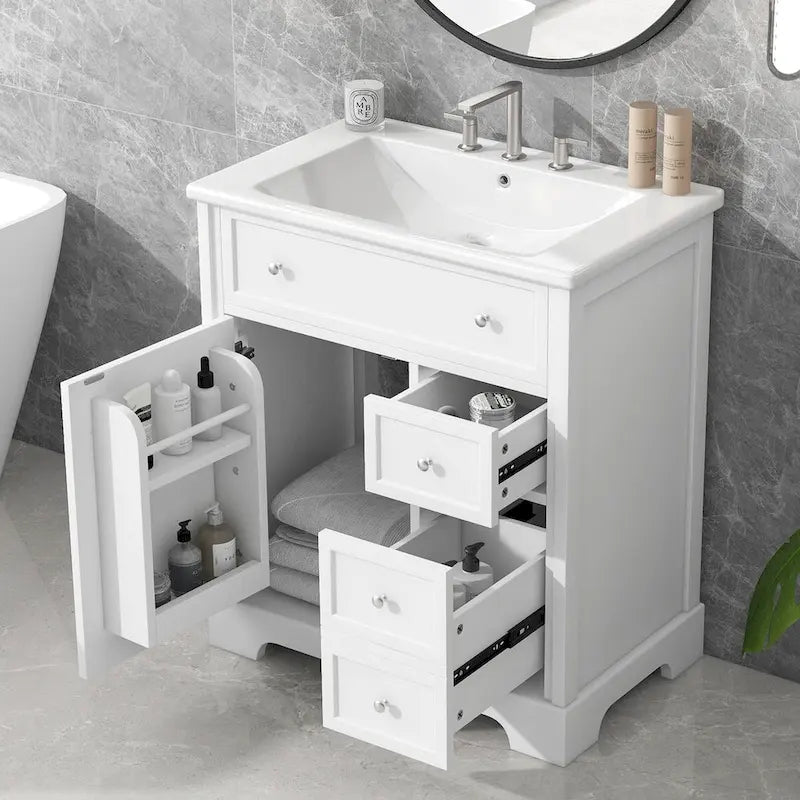Mueble de baño con lavabo, puerta y dos cajones