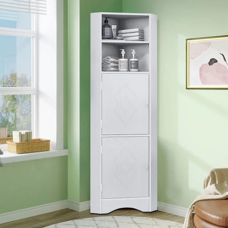 Hoher moderner Badezimmer-Eckschrank aus Holz mit Metallgriffen