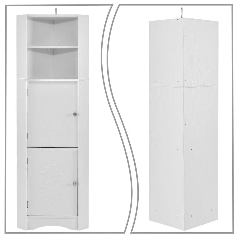 Hoher moderner Badezimmer-Eckschrank aus Holz mit Metallgriffen
