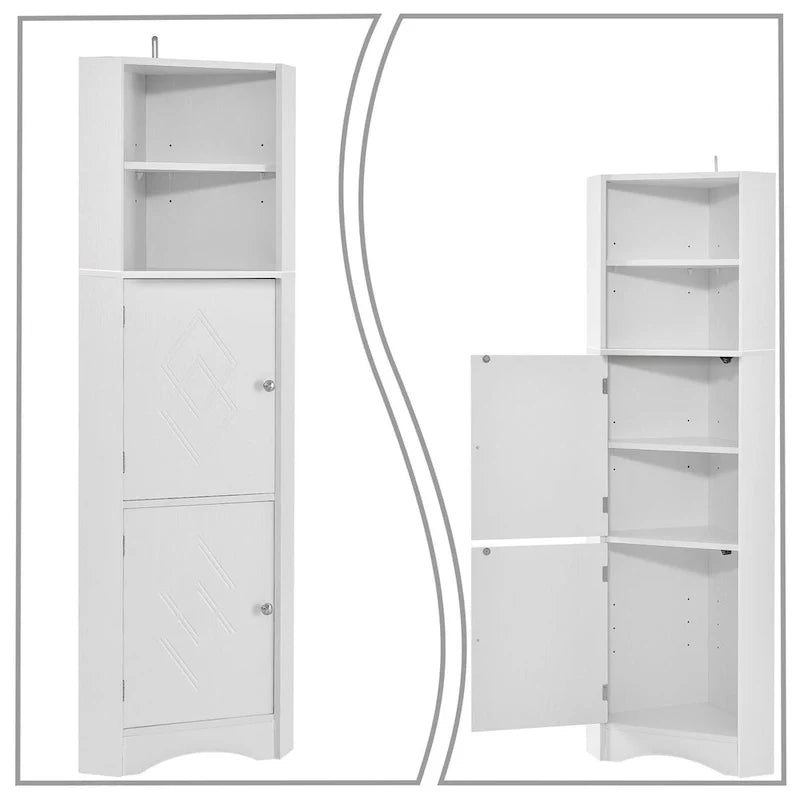 Hoher moderner Badezimmer-Eckschrank aus Holz mit Metallgriffen