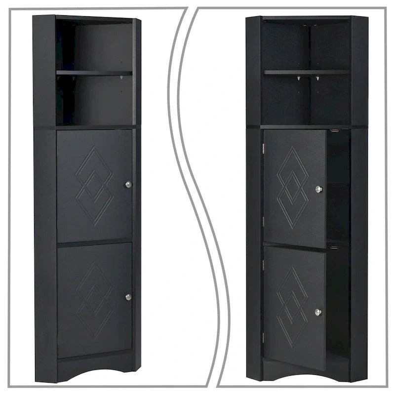 Hoher moderner Badezimmer-Eckschrank aus Holz mit Metallgriffen