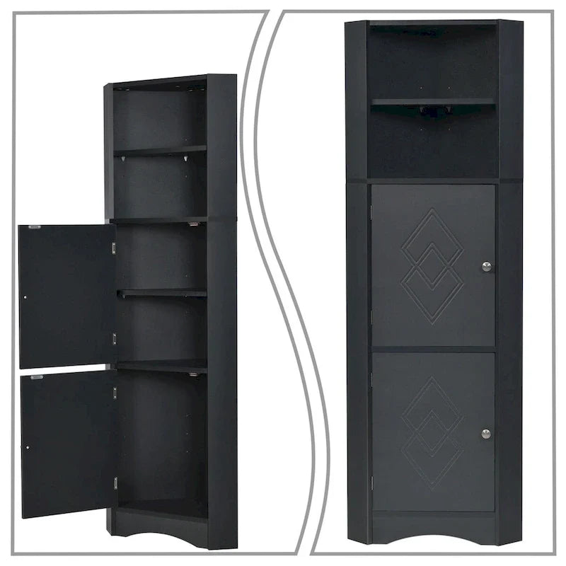 Hoher moderner Badezimmer-Eckschrank aus Holz mit Metallgriffen
