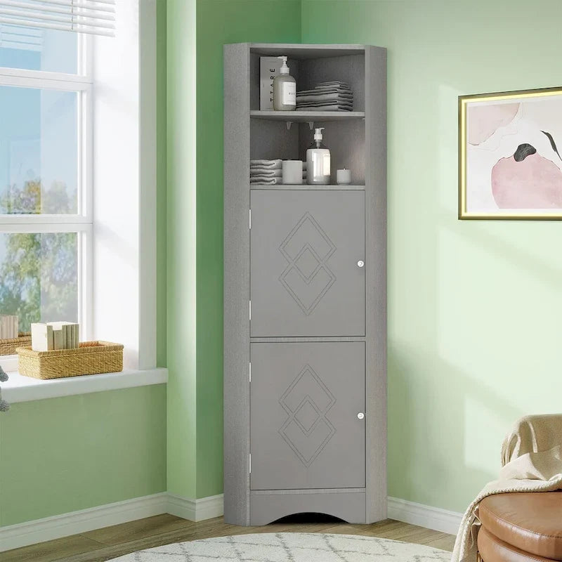 Hoher moderner Badezimmer-Eckschrank aus Holz mit Metallgriffen