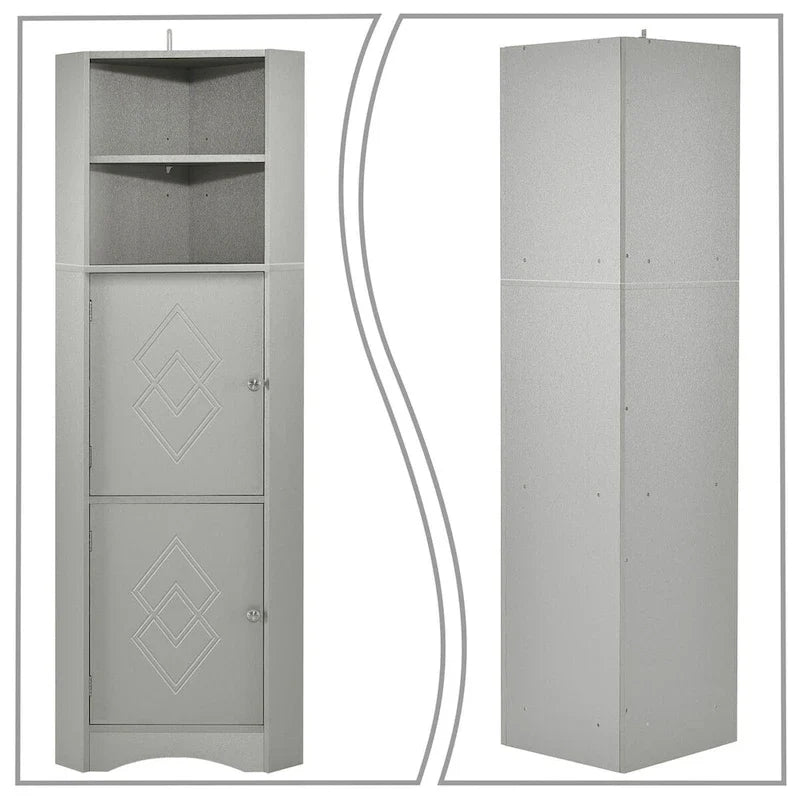 Hoher moderner Badezimmer-Eckschrank aus Holz mit Metallgriffen