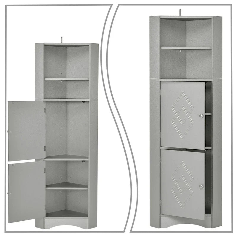 Hoher moderner Badezimmer-Eckschrank aus Holz mit Metallgriffen