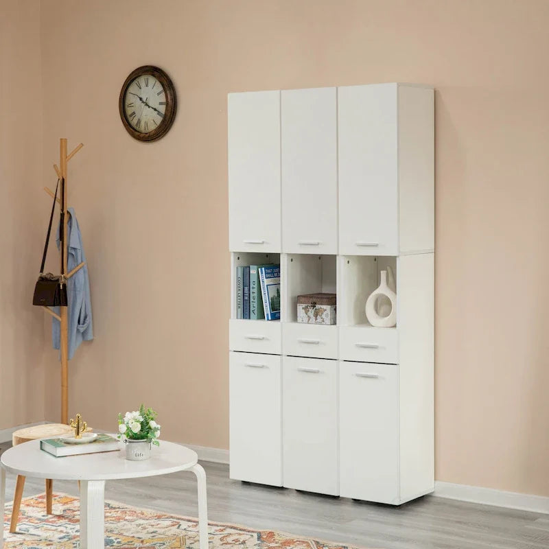 Meuble d’angle étroit avec étagères, 71.5 Inches Tall, 2 portes, 1 tiroir, armoire à linge autoportante