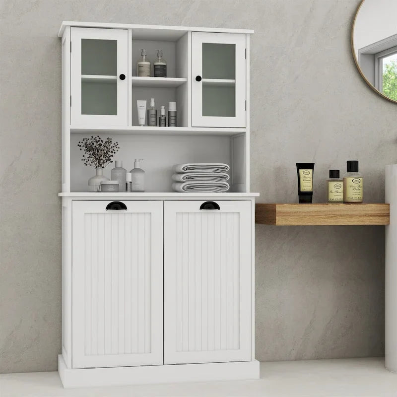 Hoher Badezimmerschrank mit Wäschekorb mit zwei Fächern und Kippöffnung