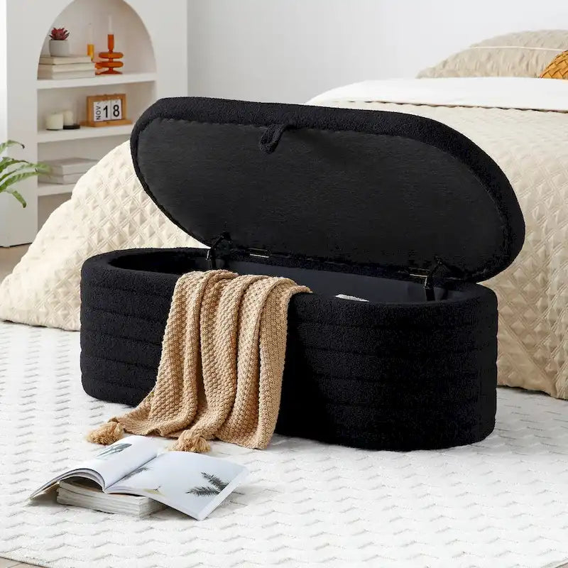 Moderne Bank mit Stauraum am Fußende des Bettes, gepolstert mit Sherpa-Stoff, große Aufbewahrungsbank, Hocker mit Stauraum, Schuhhocker, lange Bank für das Schlafzimmer