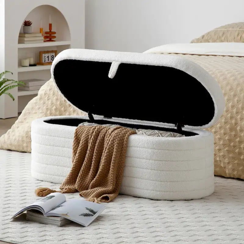 Moderne Bank mit Stauraum am Fußende des Bettes, gepolstert mit Sherpa-Stoff, große Aufbewahrungsbank, Hocker mit Stauraum, Schuhhocker, lange Bank für das Schlafzimmer