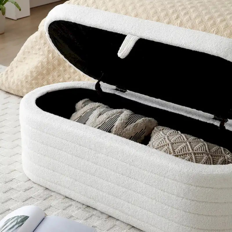 Moderne Bank mit Stauraum am Fußende des Bettes, gepolstert mit Sherpa-Stoff, große Aufbewahrungsbank, Hocker mit Stauraum, Schuhhocker, lange Bank für das Schlafzimmer