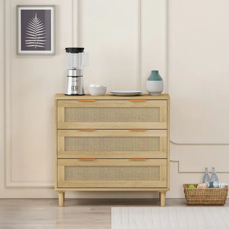 Meuble de rangement en chêne et rotin à 3 tiroirs pour la chambre, le salon et les couloirs