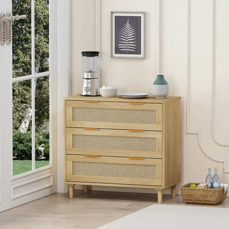 Meuble de rangement en chêne et rotin à 3 tiroirs pour la chambre, le salon et les couloirs