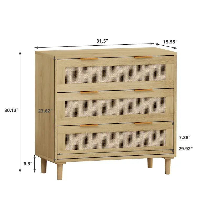 Meuble de rangement en chêne et rotin à 3 tiroirs pour la chambre, le salon et les couloirs