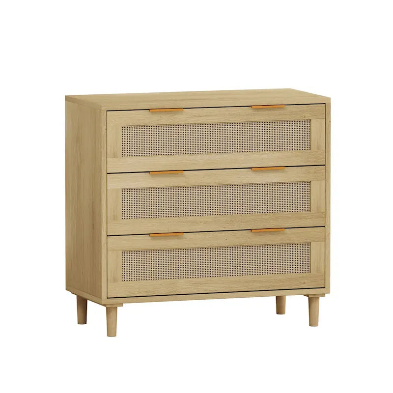 Meuble de rangement en chêne et rotin à 3 tiroirs pour la chambre, le salon et les couloirs