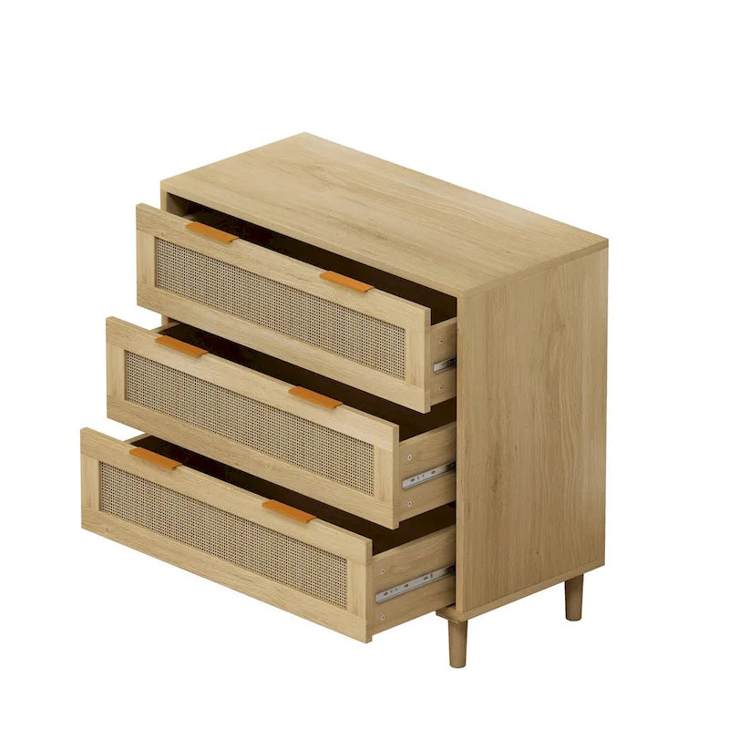 Meuble de rangement en chêne et rotin à 3 tiroirs pour la chambre, le salon et les couloirs