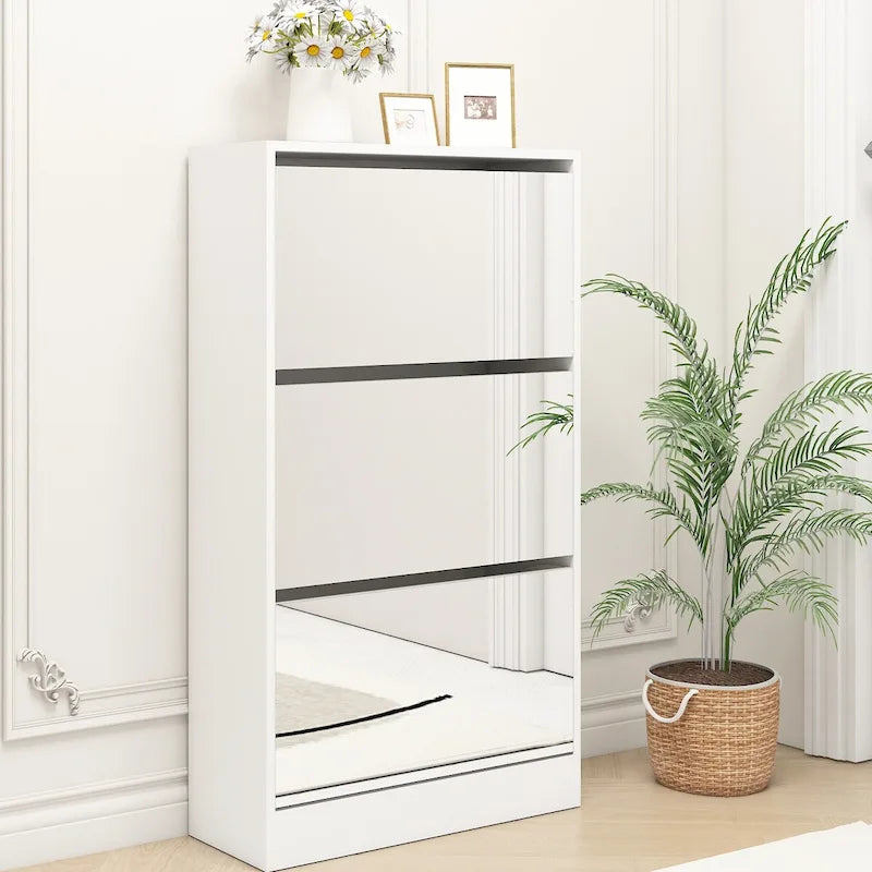 Meuble à chaussures étroit avec miroir, range-chaussures fin en bois à 3 niveaux pour la maison et l’appartement, blanc