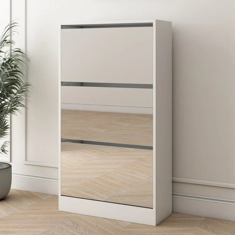 Meuble à chaussures étroit avec miroir, range-chaussures fin en bois à 3 niveaux pour la maison et l’appartement, blanc