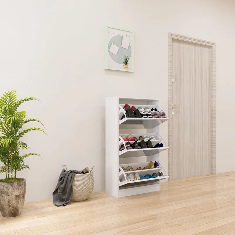 Meuble à chaussures étroit avec miroir, range-chaussures fin en bois à 3 niveaux pour la maison et l’appartement, blanc