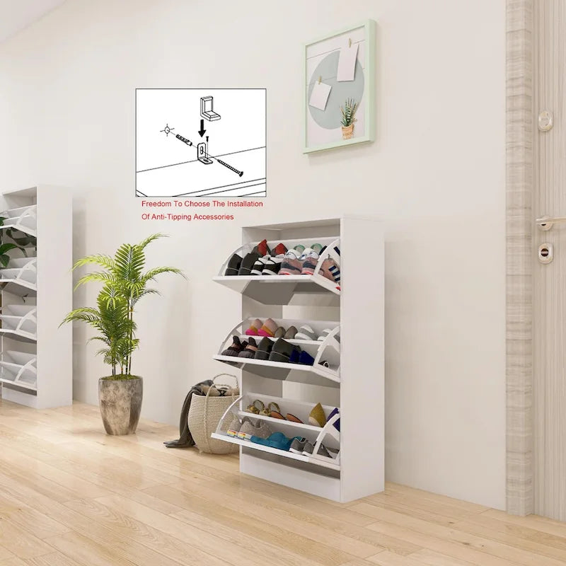 Meuble à chaussures étroit avec miroir, range-chaussures fin en bois à 3 niveaux pour la maison et l’appartement, blanc